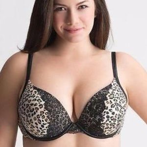 Cacique Tan Leopard and Lace Plunge Push-Up Bra